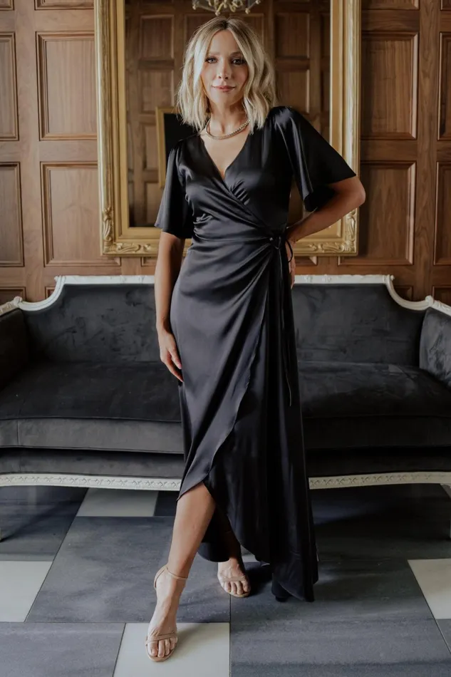 Vara Satin Maxi Wrap Dress Black Women Baltic Born Mother Of The Bride