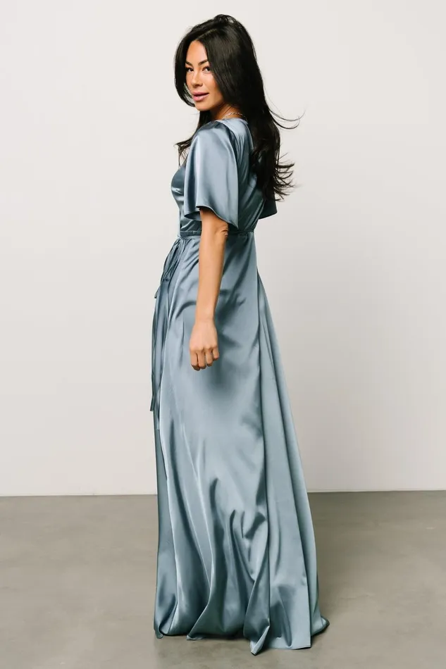 Vara Satin Maxi Wrap Dress Dusty Blue Women Baltic Born Wedding Guest Vara Satin Maxi Wrap Dress Dusty Blue Women Baltic Born Wedding Guest