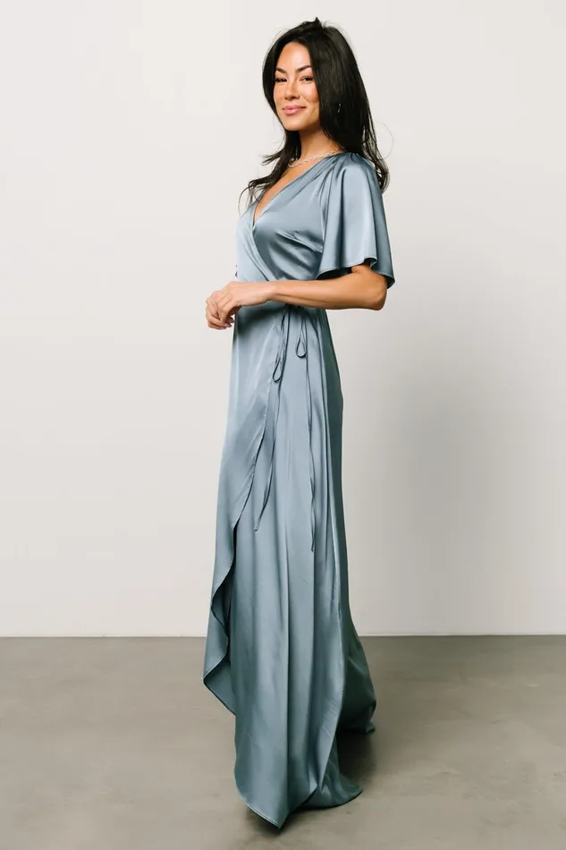 Vara Satin Maxi Wrap Dress Dusty Blue Women Baltic Born Wedding Guest Vara Satin Maxi Wrap Dress Dusty Blue Women Baltic Born Wedding Guest