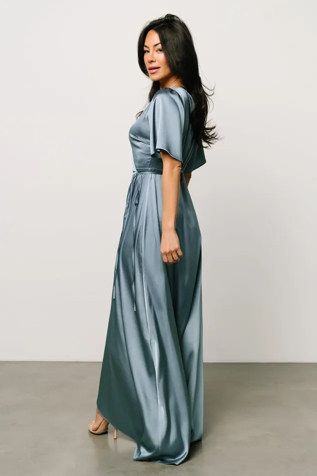 Vara Satin Maxi Wrap Dress Dusty Blue Women Baltic Born Wedding Guest Vara Satin Maxi Wrap Dress Dusty Blue Women Baltic Born Wedding Guest