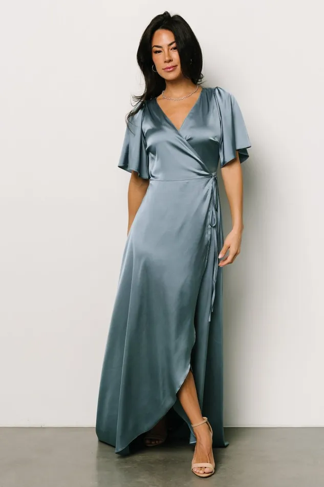 Vara Satin Maxi Wrap Dress Dusty Blue Women Baltic Born Wedding Guest Vara Satin Maxi Wrap Dress Dusty Blue Women Baltic Born Wedding Guest