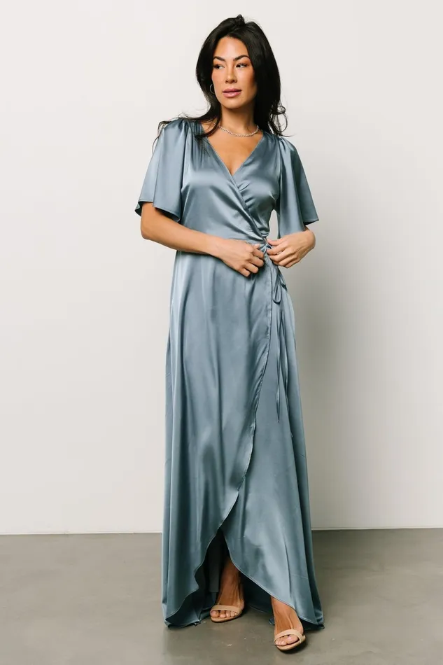 Vara Satin Maxi Wrap Dress Dusty Blue Women Baltic Born Wedding Guest Vara Satin Maxi Wrap Dress Dusty Blue Women Baltic Born Wedding Guest