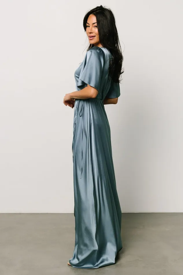 Vara Satin Maxi Wrap Dress Dusty Blue Women Baltic Born Wedding Guest Vara Satin Maxi Wrap Dress Dusty Blue Women Baltic Born Wedding Guest