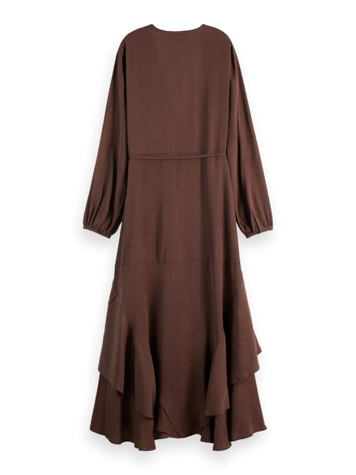 VISCOSE JACQUARD MIDI WRAP DRESS Coffee Women Scotch and Soda Dresses and Jumpsuits VISCOSE JACQUARD MIDI WRAP DRESS Coffee Women Scotch and Soda Dresses and Jumpsuits