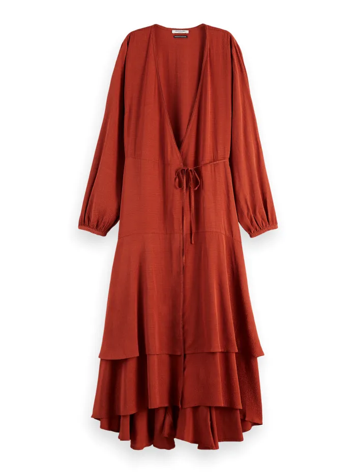 VISCOSE JACQUARD MIDI WRAP DRESS Coffee Women Scotch and Soda Dresses and Jumpsuits VISCOSE JACQUARD MIDI WRAP DRESS Coffee Women Scotch and Soda Dresses and Jumpsuits