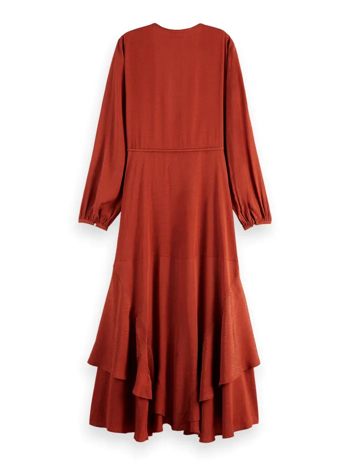 VISCOSE JACQUARD MIDI WRAP DRESS Coffee Women Scotch and Soda Dresses and Jumpsuits VISCOSE JACQUARD MIDI WRAP DRESS Coffee Women Scotch and Soda Dresses and Jumpsuits