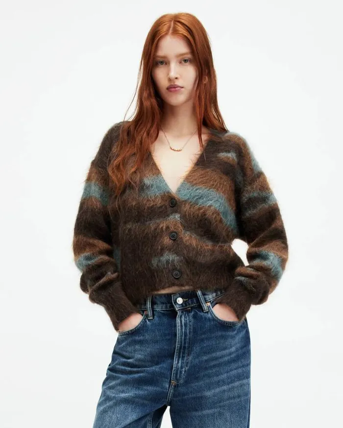 Volka Abstract Print Brushed Cardigan Gingerblue Women AllSaints Sweaters