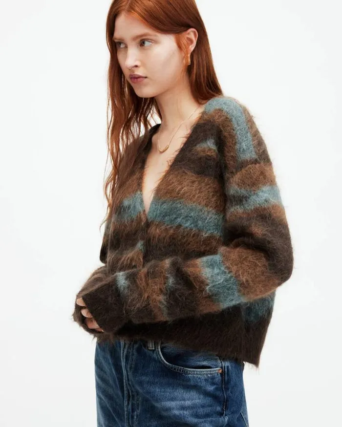 Volka Abstract Print Brushed Cardigan Gingerblue Women AllSaints Sweaters