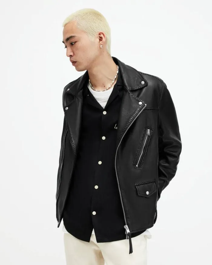 Warner Relaxed Fit Leather Biker Jacket Black Men AllSaints Leather Jackets