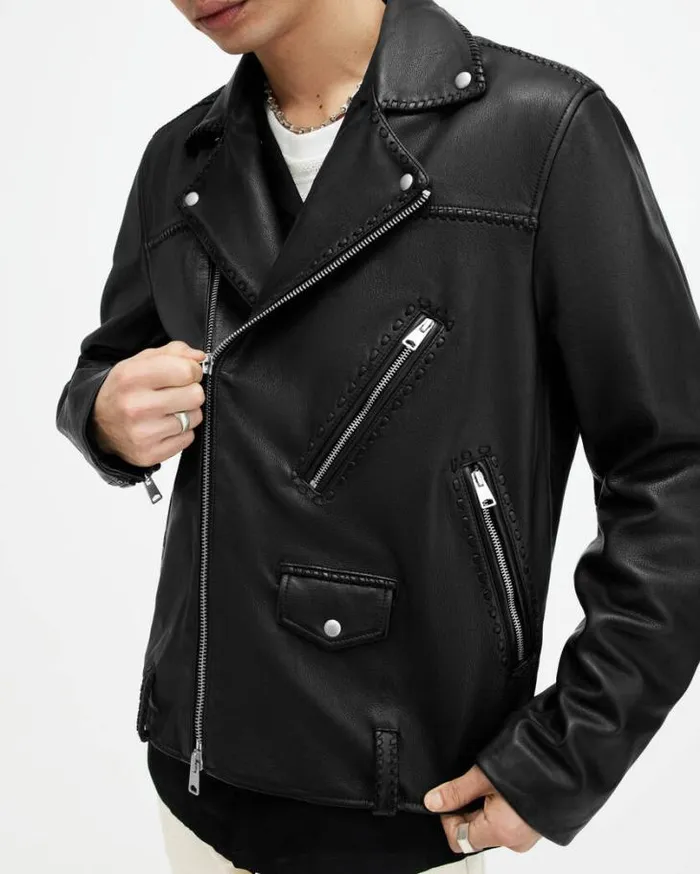 Warner Relaxed Fit Leather Biker Jacket Black Men AllSaints Leather Jackets