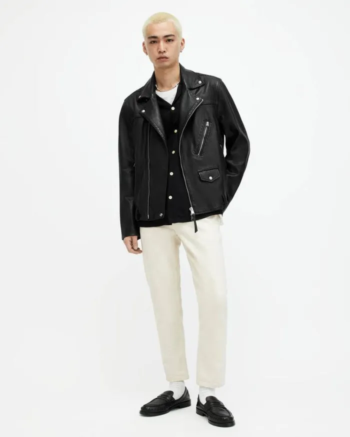 Warner Relaxed Fit Leather Biker Jacket Black Men AllSaints Leather Jackets