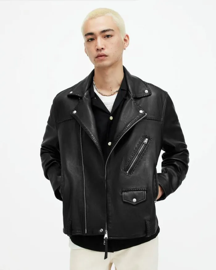 Warner Relaxed Fit Leather Biker Jacket Black Men AllSaints Leather Jackets