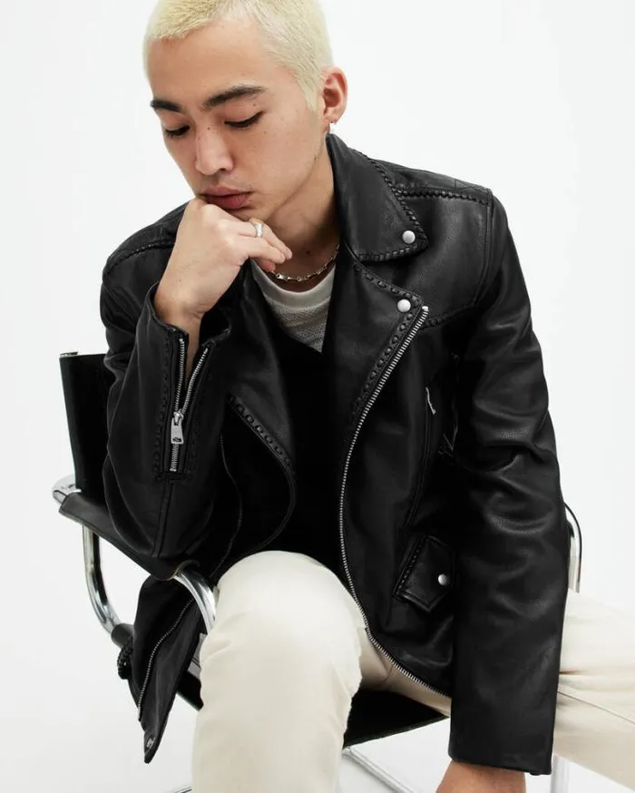 Warner Relaxed Fit Leather Biker Jacket Black Men AllSaints Leather Jackets