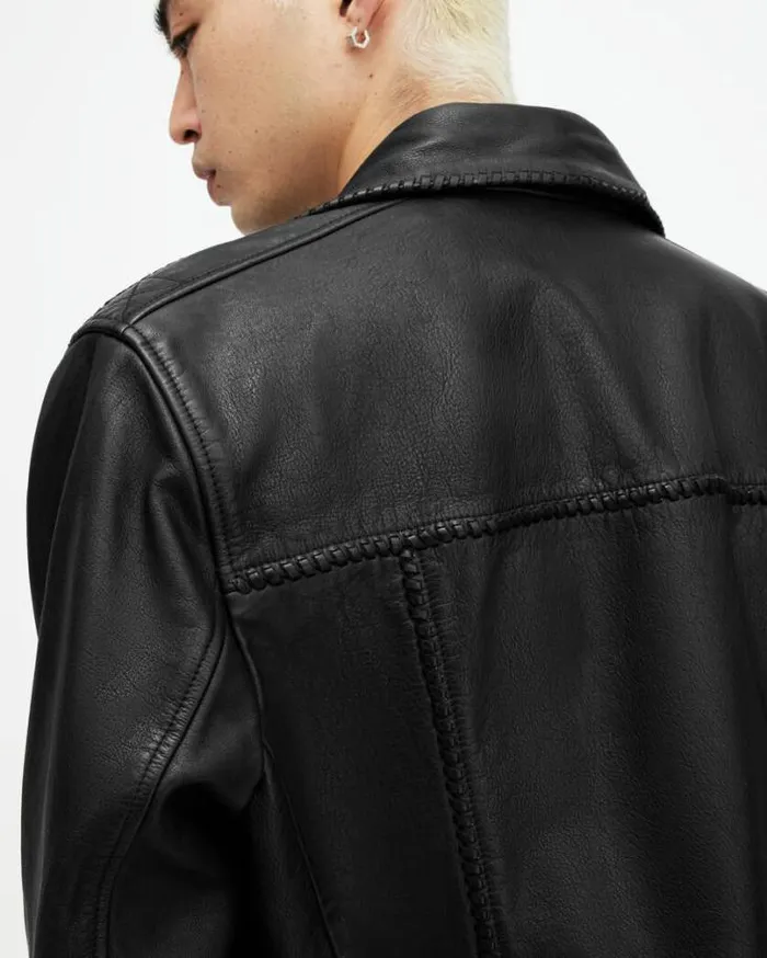 Warner Relaxed Fit Leather Biker Jacket Black Men AllSaints Leather Jackets