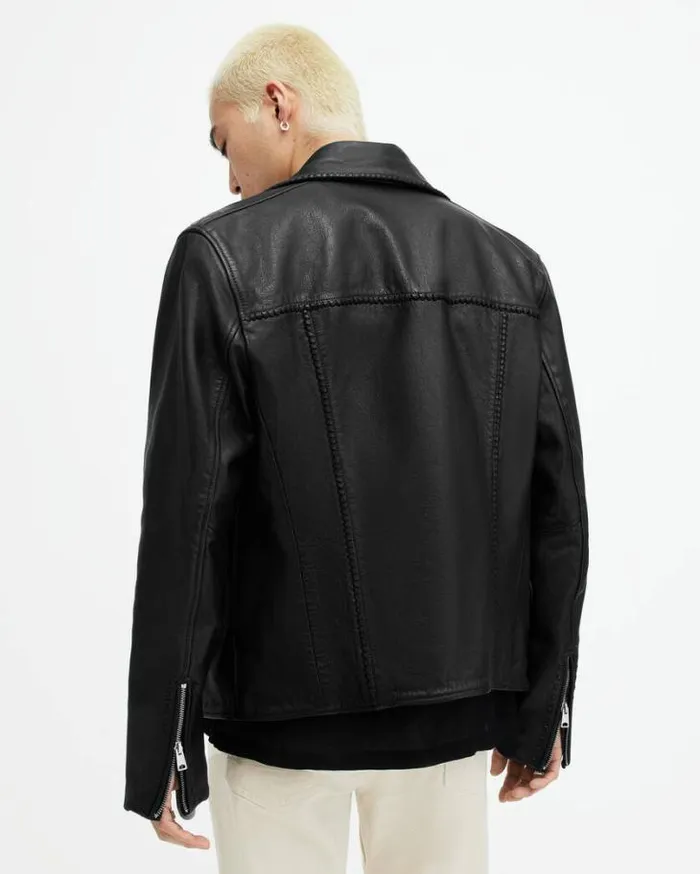 Warner Relaxed Fit Leather Biker Jacket Black Men AllSaints Leather Jackets