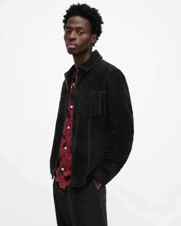 Warren Suede Western Tassel Jacket Black Men AllSaints Leather Jackets