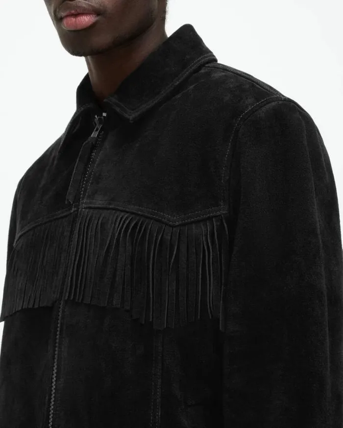 Warren Suede Western Tassel Jacket Black Men AllSaints Leather Jackets