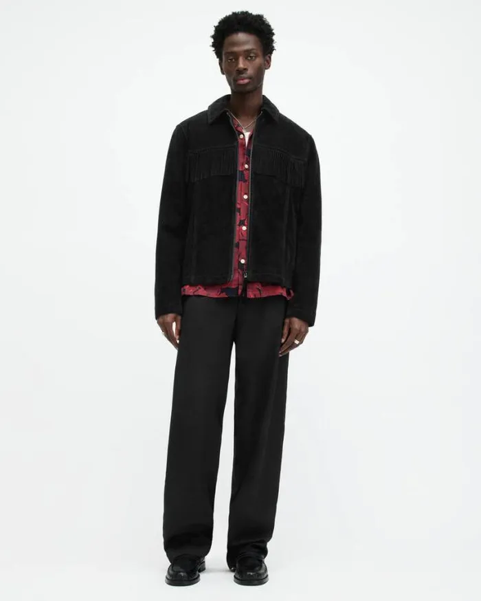 Warren Suede Western Tassel Jacket Black Men AllSaints Leather Jackets
