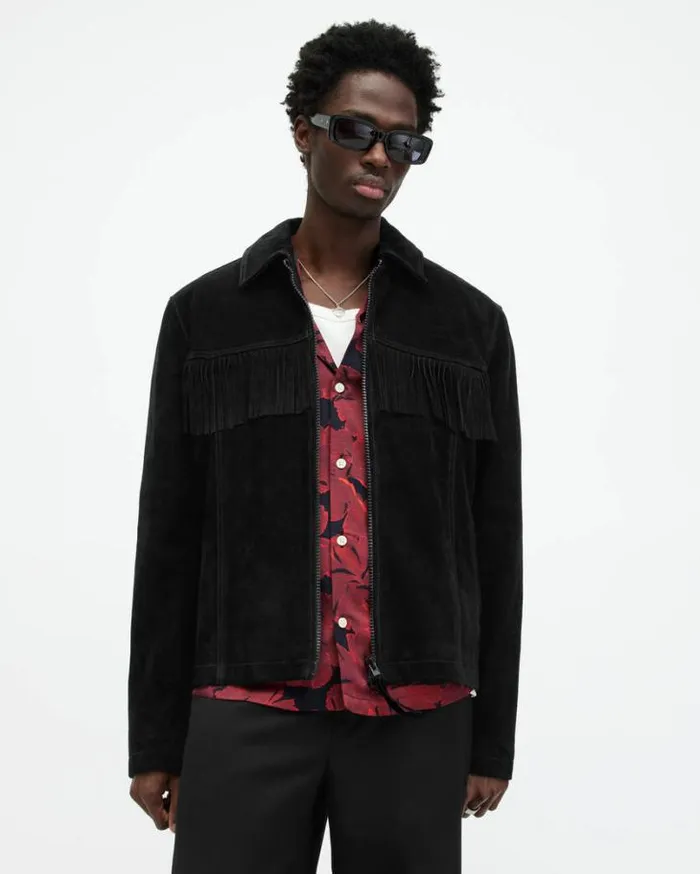 Warren Suede Western Tassel Jacket Black Men AllSaints Leather Jackets