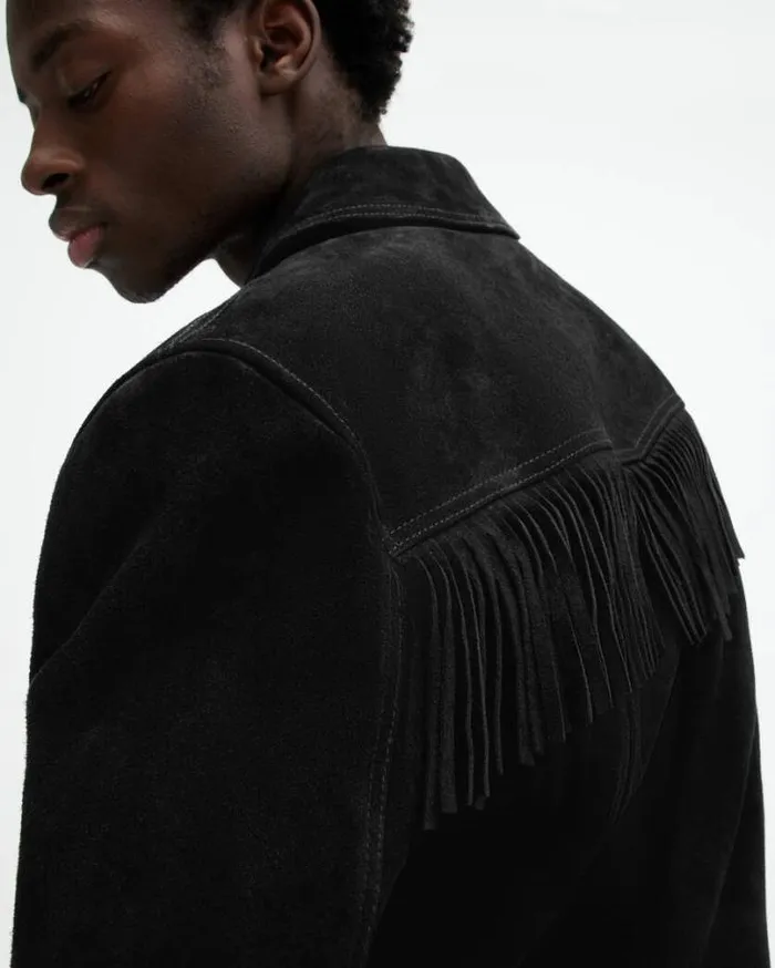 Warren Suede Western Tassel Jacket Black Men AllSaints Leather Jackets