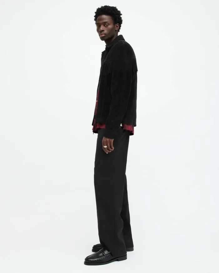 Warren Suede Western Tassel Jacket Black Men AllSaints Leather Jackets