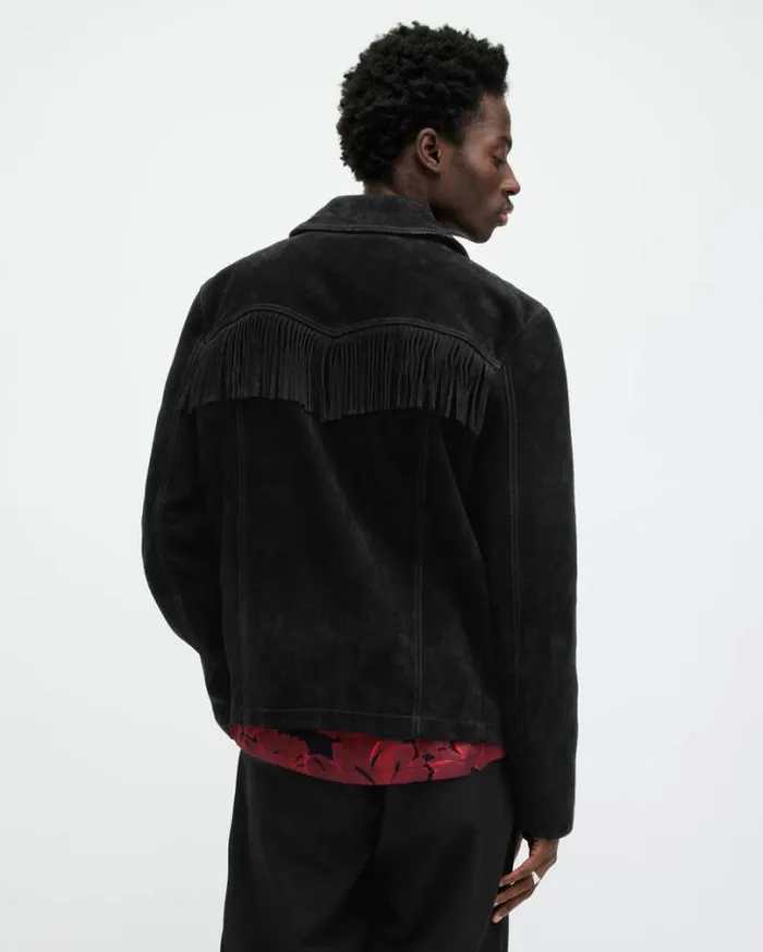 Warren Suede Western Tassel Jacket Black Men AllSaints Leather Jackets