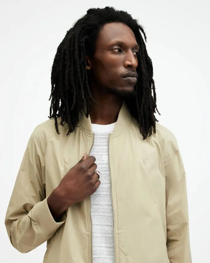 Waylan Ramskull Embroidered Bomber Jacket Stone Beige Men AllSaints Jackets and Coats Waylan Ramskull Embroidered Bomber Jacket Stone Beige Men AllSaints Jackets and Coats