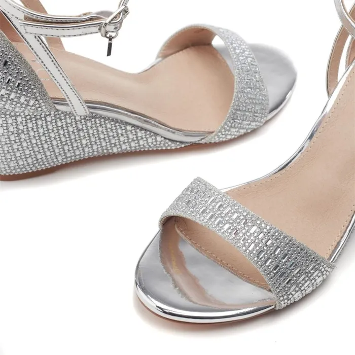 Wedge Sandals Women Moda In Pelle Simonah Silver Textile