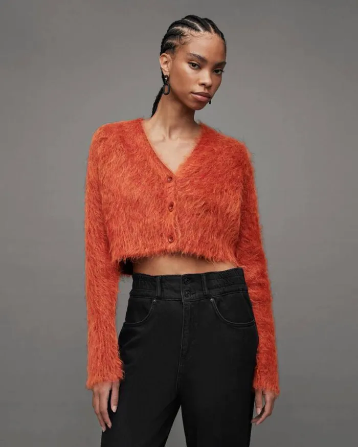 Wick Brushed VNeck Cardigan Planet Red Women AllSaints Sweaters