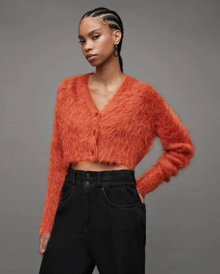 Wick Brushed VNeck Cardigan Planet Red Women AllSaints Sweaters