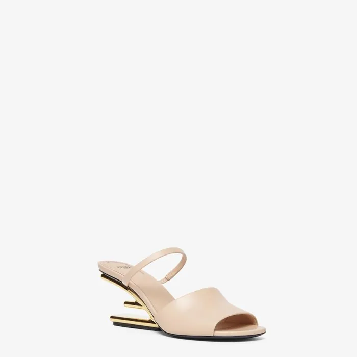 Woman Beige Leather MediumHeeled Sandals Beige Fendi Fendi First