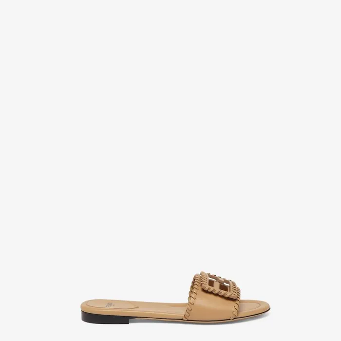 Woman Beige Leather Slides Black Fendi Slides and Mules