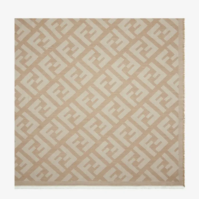 Woman Beige Wool And Cashmere Shawl Brown Fendi Scarves and Silks
