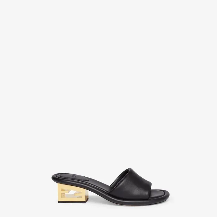 Woman Black Nappa Leather Slides Black Fendi Slides and Mules