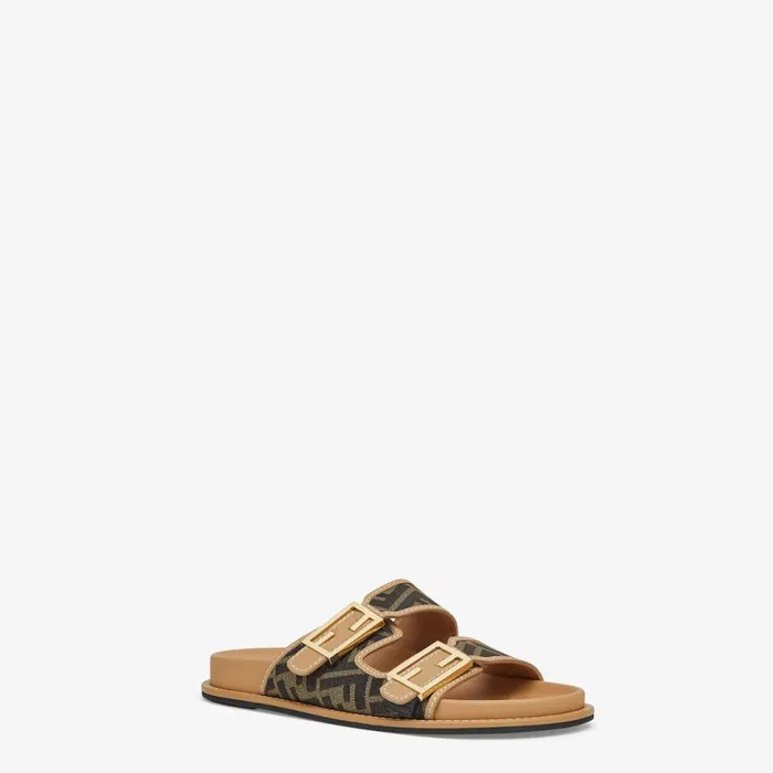 Woman Brown Ff Fabric Slides Brown Fendi Slides and Mules