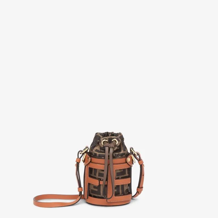 Woman Brown Leather And Ff Fabric Bucket Bag Brown Fendi Mini Bags