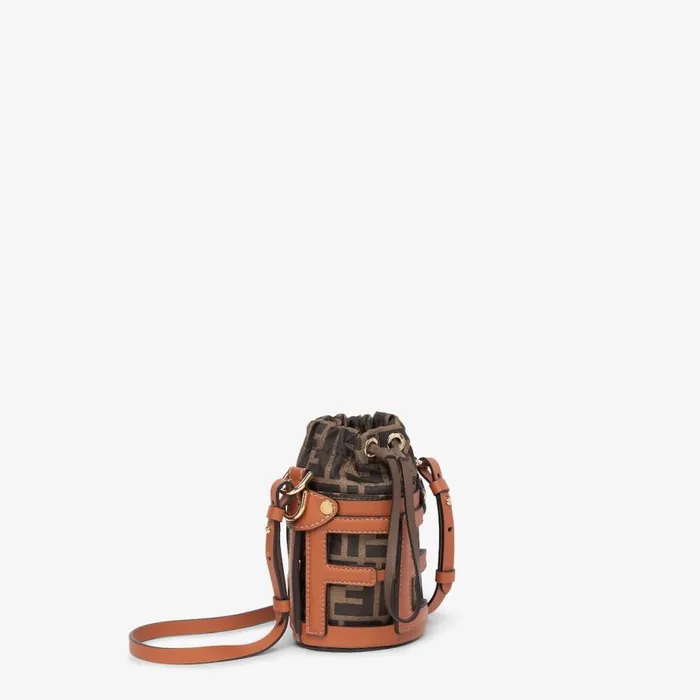 Woman Brown Leather And Ff Fabric Bucket Bag Brown Fendi Mini Bags