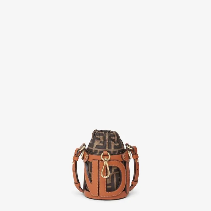 Woman Brown Leather And Ff Fabric Bucket Bag Brown Fendi Mini Bags