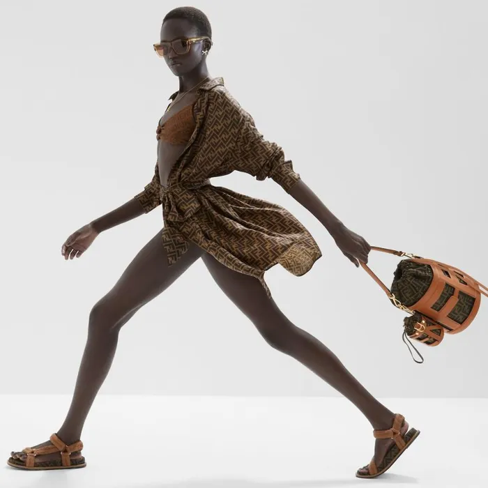 Woman Brown Leather And Ff Fabric Bucket Bag Brown Fendi Mini Bags