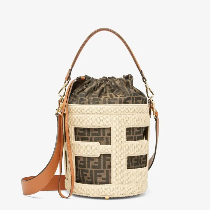 Woman Natural Straw And Ff Fabric Bag Beige Fendi Bucket Bags