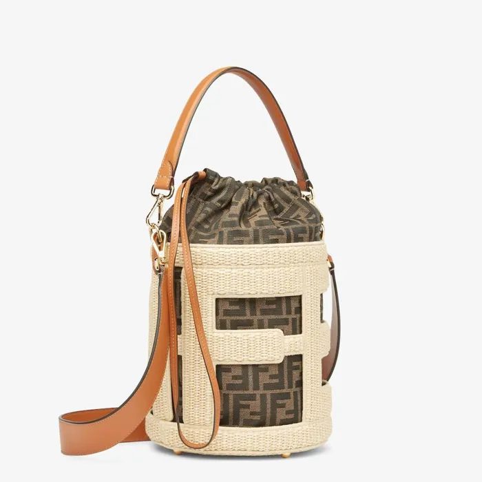 Woman Natural Straw And Ff Fabric Bag Beige Fendi Bucket Bags