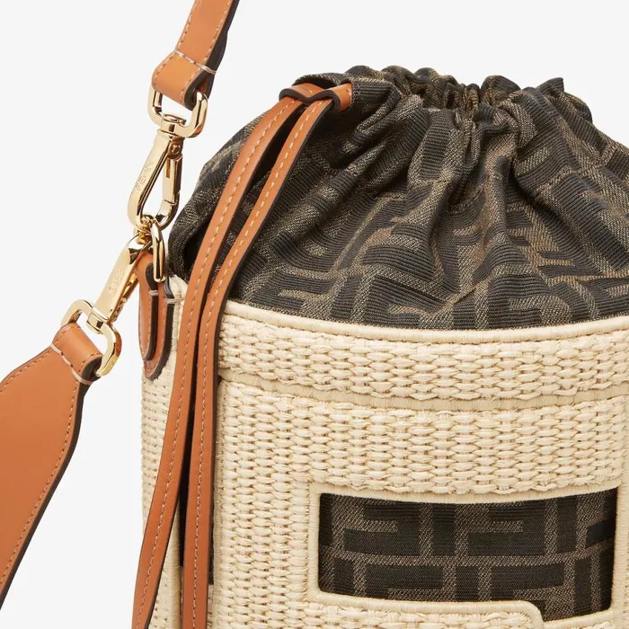 Woman Natural Straw And Ff Fabric Bag Beige Fendi Bucket Bags