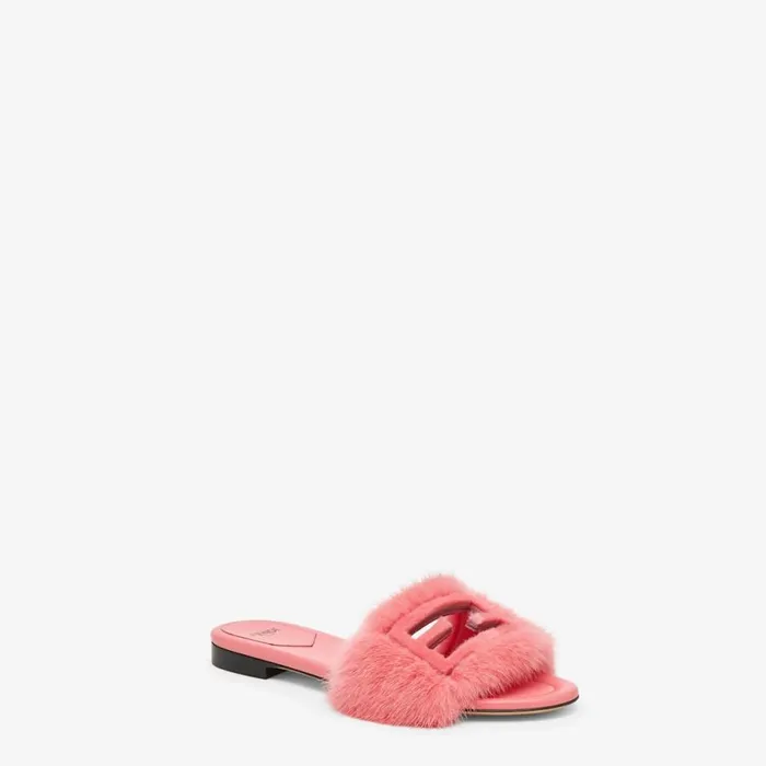 Woman Pink Mink Slides Pink Fendi Slides and Mules