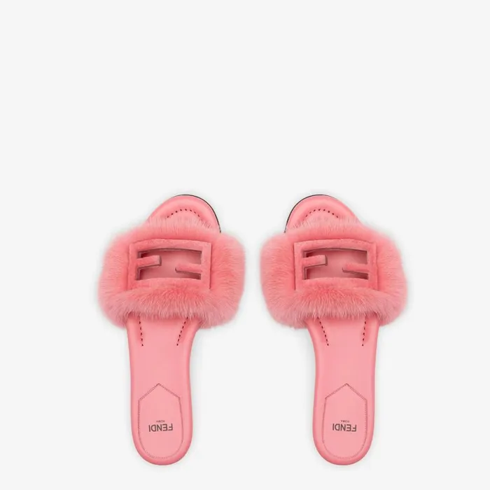 Woman Pink Mink Slides Pink Fendi Slides and Mules