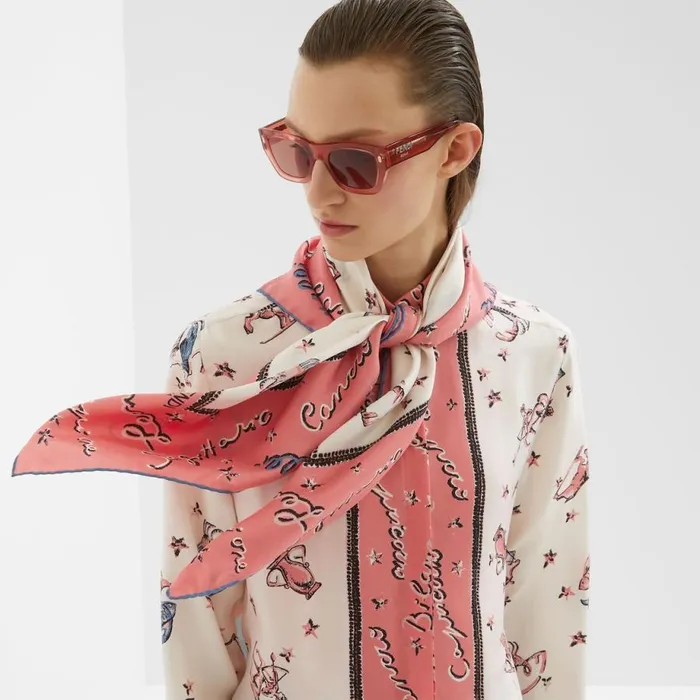 Woman Printed Silk Foulard Pink Fendi Scarves and Silks