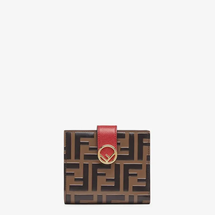 Woman Red Leather Compact Wallet Brown Fendi Wallets