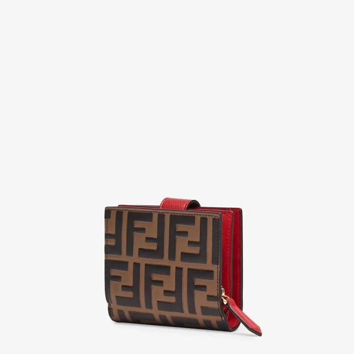 Woman Red Leather Compact Wallet Brown Fendi Wallets
