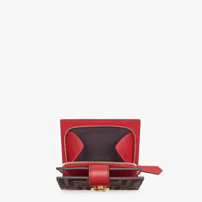 Woman Red Leather Compact Wallet Brown Fendi Wallets