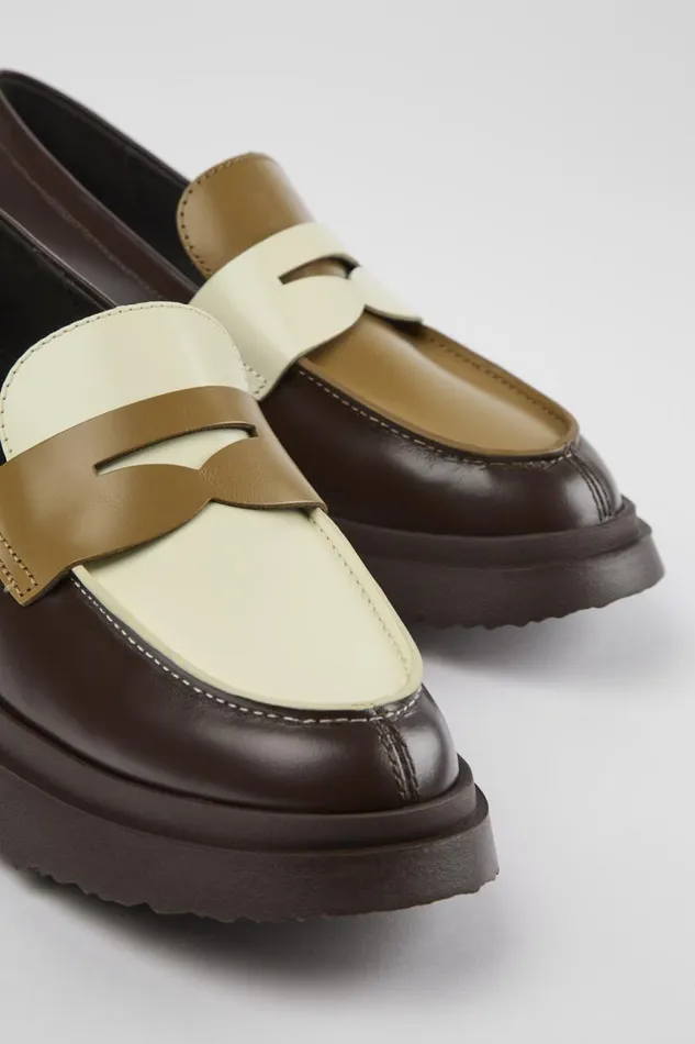 Women Camper Formal Shoes Twins Brown And White Leather Loafers