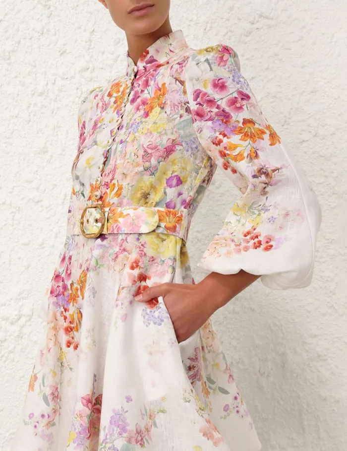 Women Clothing Zimmermann Natura Buttoned Mini Dress Kaleidoscope Garden